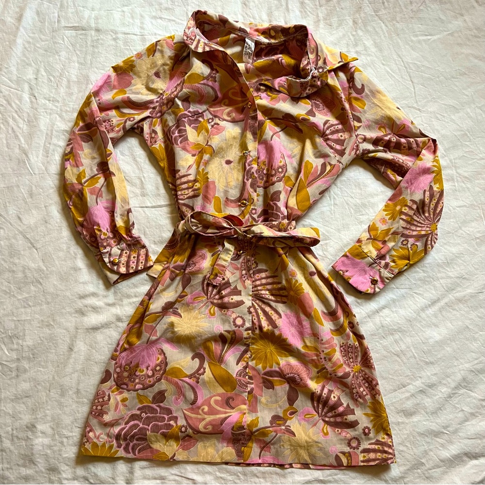 Unique Vintage Tie Shirt Dress w Retro Floral Print-Pink/Purple/Yellow Sz Med